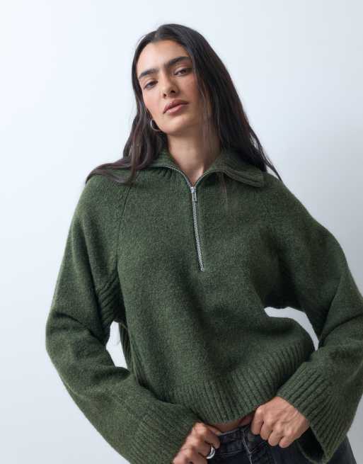 Monki sweter z krótkim zamkiem w kolorze khaki, 2 z 5
