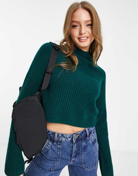 Monki – Sweter z prążkowanej dzianiny w kolorze leśnej zieleni - view 1