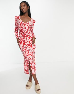 Monki Swirl Print Midi Dress In Red