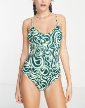 Brave Soul square neck bikini set in green check cherry print