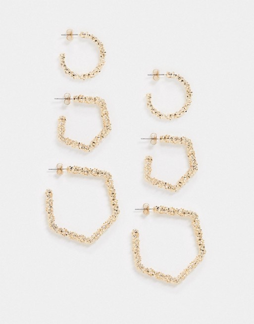 Monki Sybille multi pack hammered earrings in gold