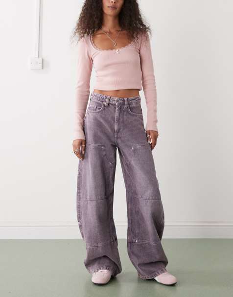 Monki barrel leg jeans with patch detail in grey lilac wash 