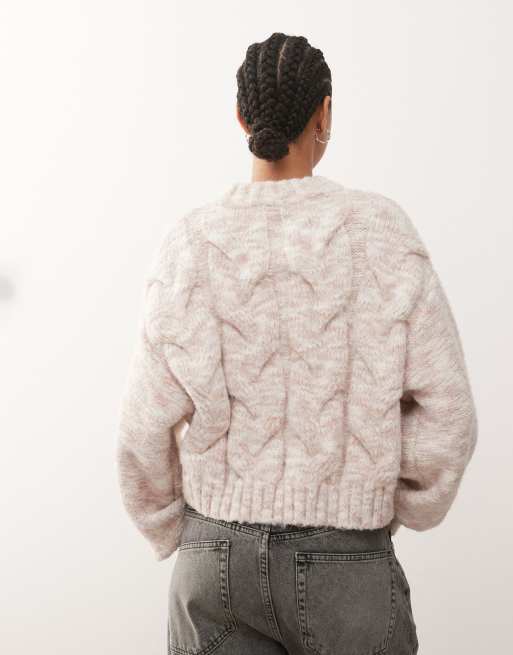 Monki – Szaroróżowy sweter o warkoczowym splocie, 3 z 4
