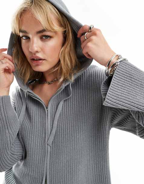 Monki knitted rib hoodie zip up cardigan in grey melange