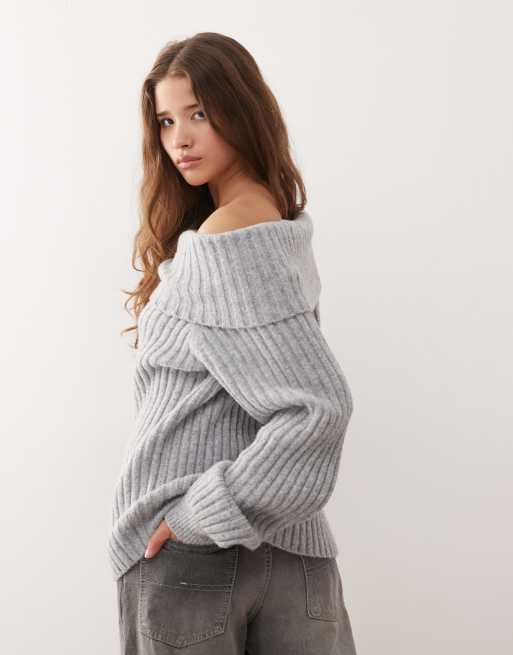 Monki – Szary melanżowy sweter oversize z dekoltem bardot, 2 z 4