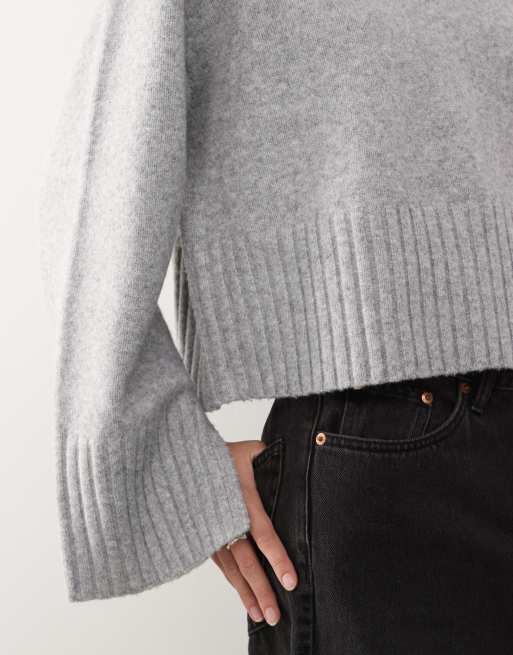Monki – Szary melanżowy sweter z okrągłym dekoltem i ściągaczem przy mankietach i u dołu, 2 z 4