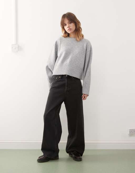 Monki – Szary melanżowy sweter z okrągłym dekoltem i ściągaczem przy mankietach i u dołu, 3 z 4