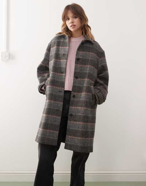 Monki longline coat with wool in grey check 