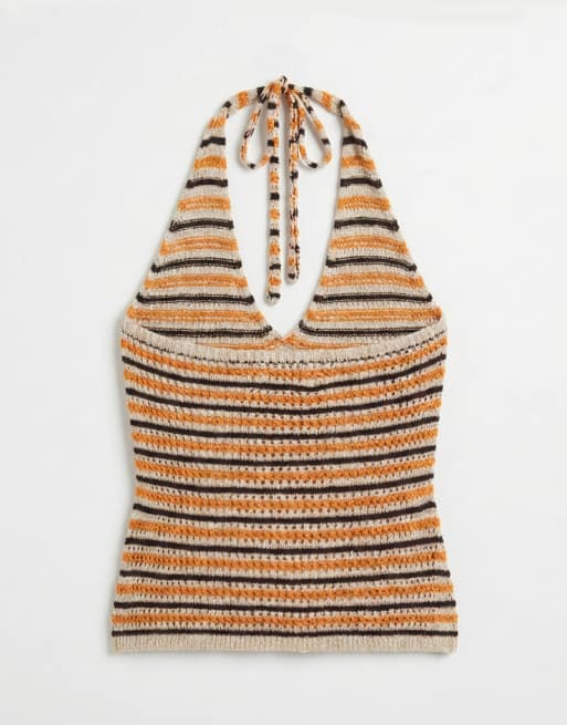 Monki szydełkowy top halter w pomarańczowy wielokolorowy pasek, 8 z 8