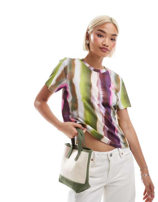 Monki - T-shirt a maniche corte a righe multicolore