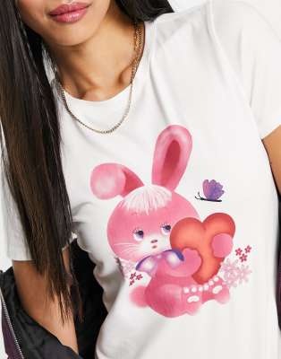T-shirt a maniche corte con grafica di coniglietto con cuore-Bianco - Monki T-shirt donna  - immagine1