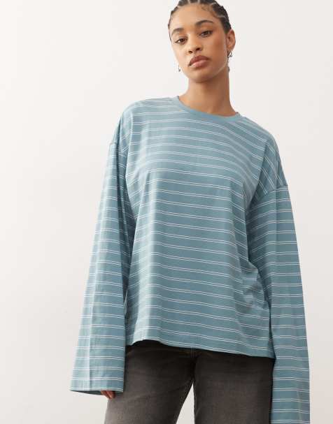 Monki - T-shirt a maniche lunghe oversize turchese a righe bicolore con spacchi laterali - view 1