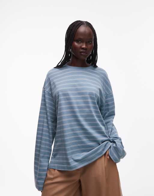 Monki - T-shirt a maniche lunghe oversize turchese a righe bicolore con spacchi laterali , 3 di 4