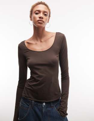 T-shirt ajusté à manches longues et encolure dégagée - Marron chocolat-Brown M