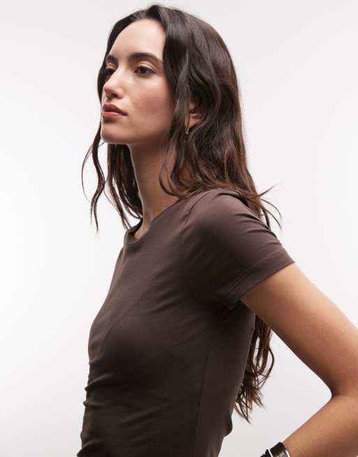 Monki - T-shirt corta slim marrone scuro, 3 di 4