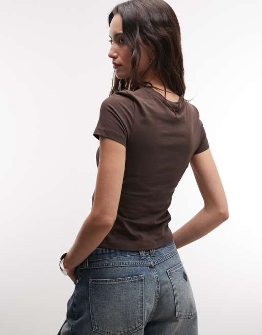 Monki - T-shirt corta slim marrone scuro, 4 di 4