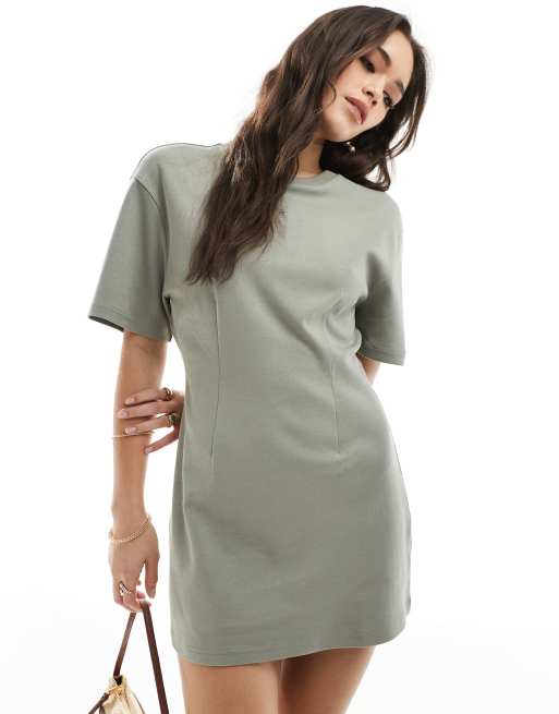 Monki t-shirt dress with cinched waist in khaki green | ASOS