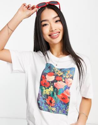 Monki - T-shirt en coton avec imprimé sur le devant - Blanc - WHITE