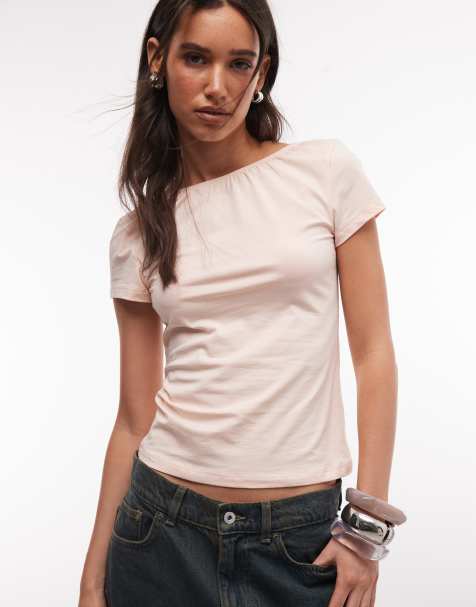 Monki – T-Shirt in Pfirsichrosa mit Rückenausschnitt - view 1