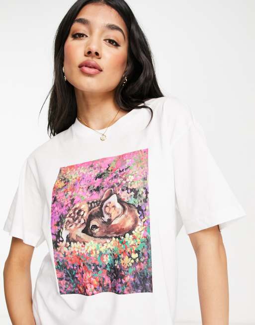 Monki t shirt in white with deer print ASOS