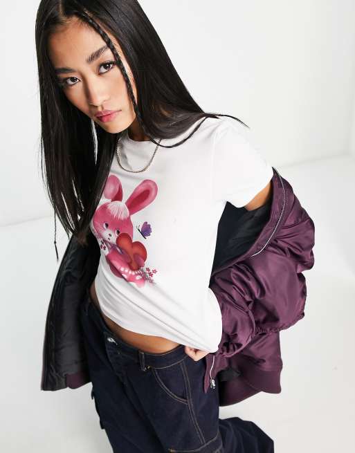 Monki - T-shirt met korte mouwen en grafische print van konijn met hartje