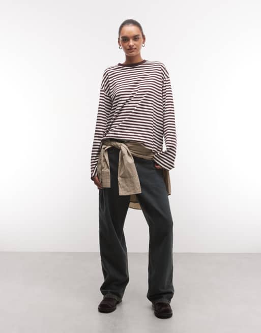 Monki T-shirt met lange mouwen en boxy pasvorm in wijnrode streep, 3 van 4