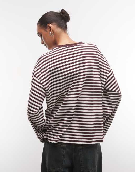 Monki T-shirt met lange mouwen en boxy pasvorm in wijnrode streep, 4 van 4