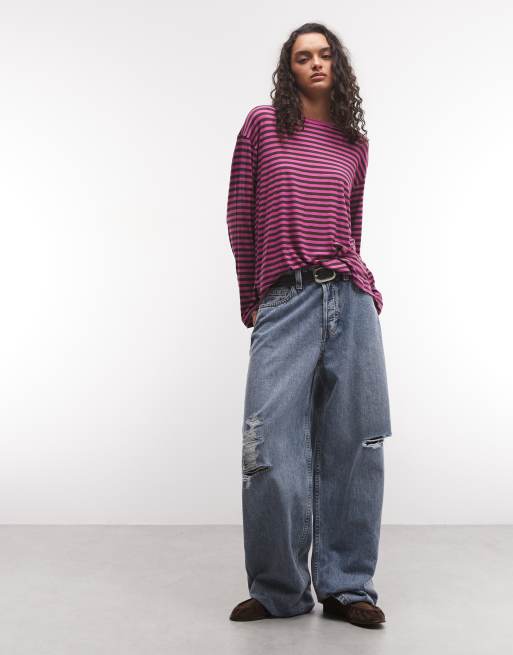 Monki t-shirt oversize à manches longues à rayures marron et roses, 2 de 4