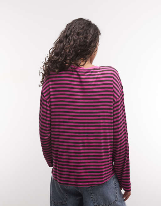 Monki t-shirt oversize à manches longues à rayures marron et roses, 4 de 4
