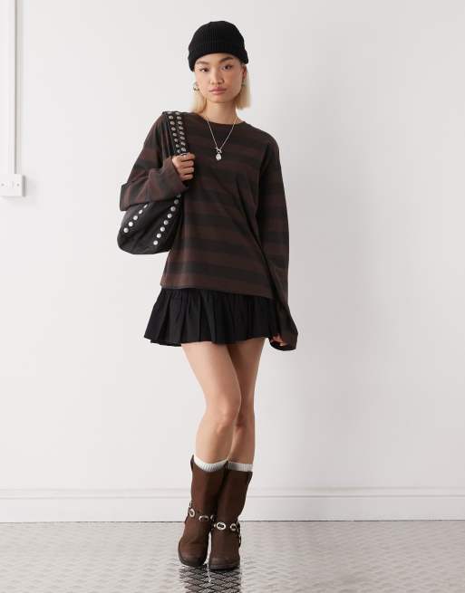 Monki - T-shirt oversize à manches longues et fentes latérales - Marron chocolat et marron rayé, 3 de 4
