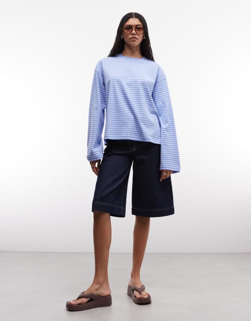 Monki - T-shirt oversize a maniche lunghe blu e bianca a righe, 2 di 4