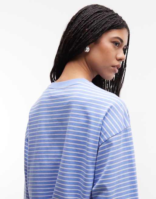 Monki - T-shirt oversize a maniche lunghe blu e bianca a righe, 4 di 4
