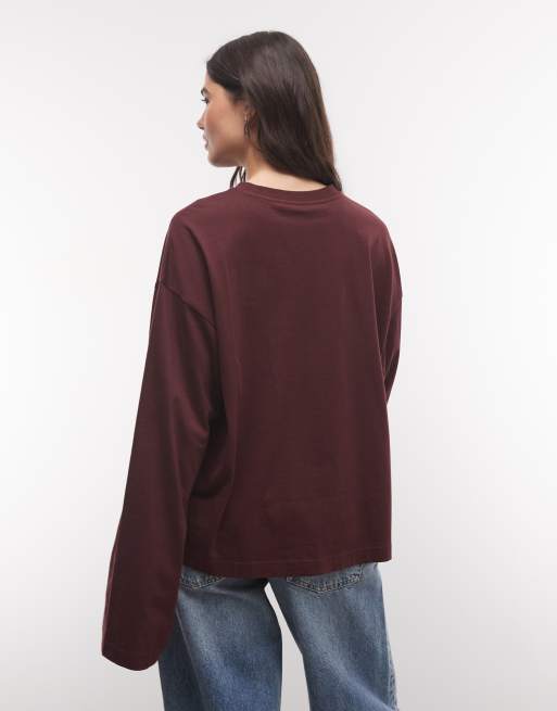 Monki T-shirt oversize a maniche lunghe bordeaux, 3 di 4