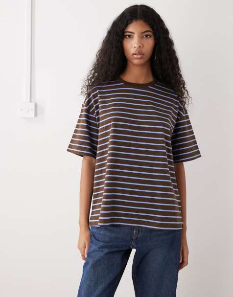 Monki - T-shirt oversize à rayures - Chocolat et bleu - view 1