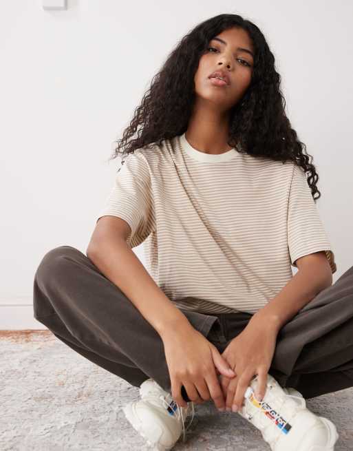 Monki – T-shirt oversize w paski w kolorze cytrynowym i mokki, 2 z 4