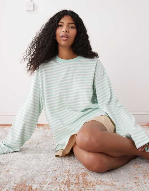Monki – T-shirt oversize z długimi rękawami w biało-zielone paski, 4 z 4