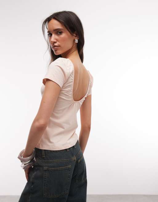 Monki - T-shirt rosa pesca con schiena scoperta, 4 di 4