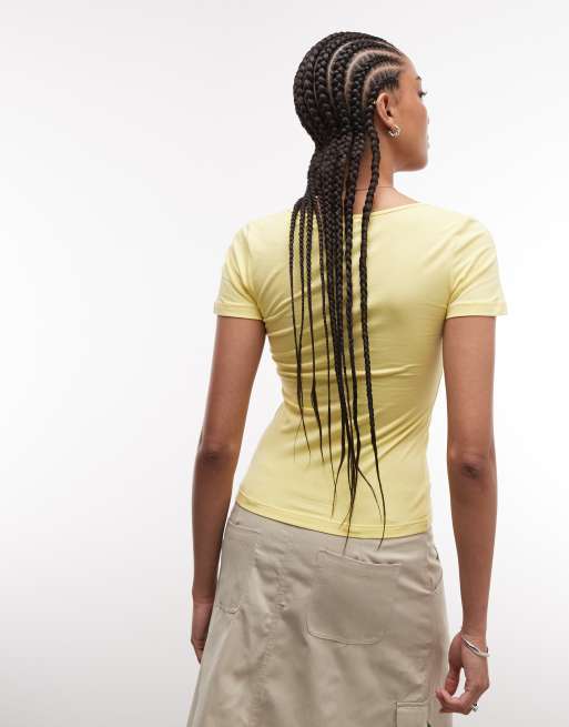 Monki - T-shirt slim gialla con scollo a V, 3 di 4