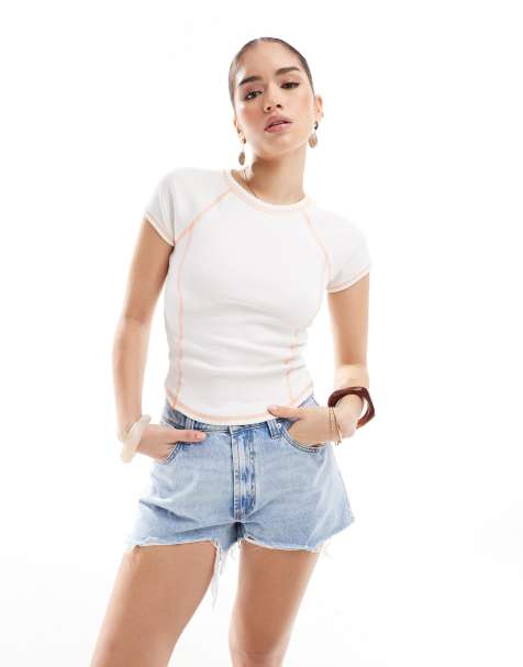 Monki - T-shirt slim ristretta bianca con cuciture arancioni - view 1
