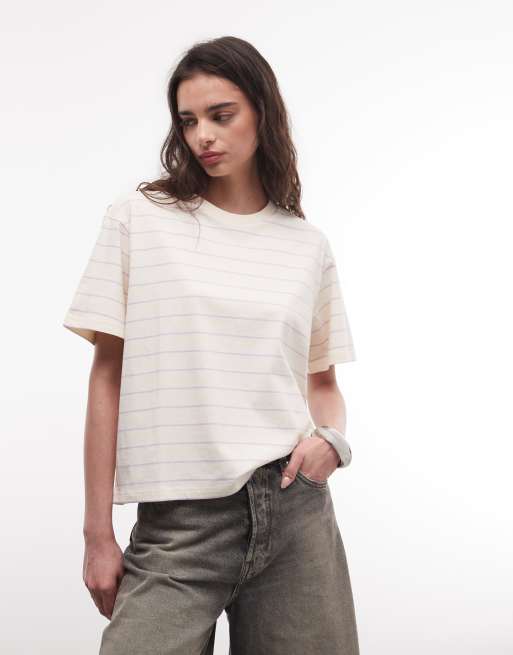 Monki - T-shirt squadrata oversize color crema e lilla a righe