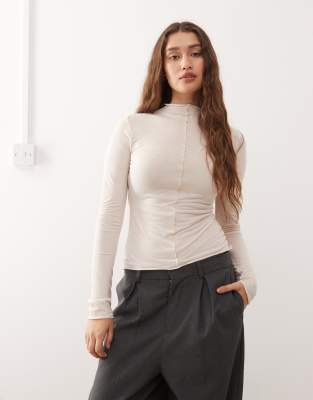 T-shirt transparent à manches longues avec détails cousus sur l'avant - Beige-Neutre M