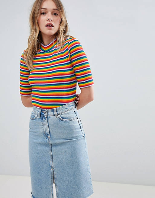 Monki t-shirt with rainbow stripe