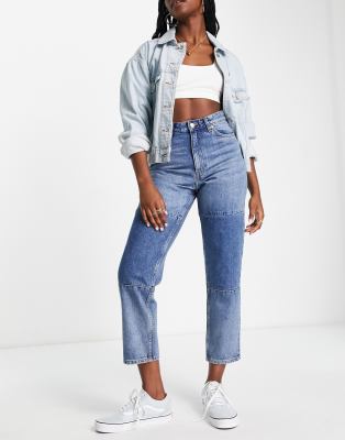 Monki Taiki mom jeans with patches in blue, £35.00