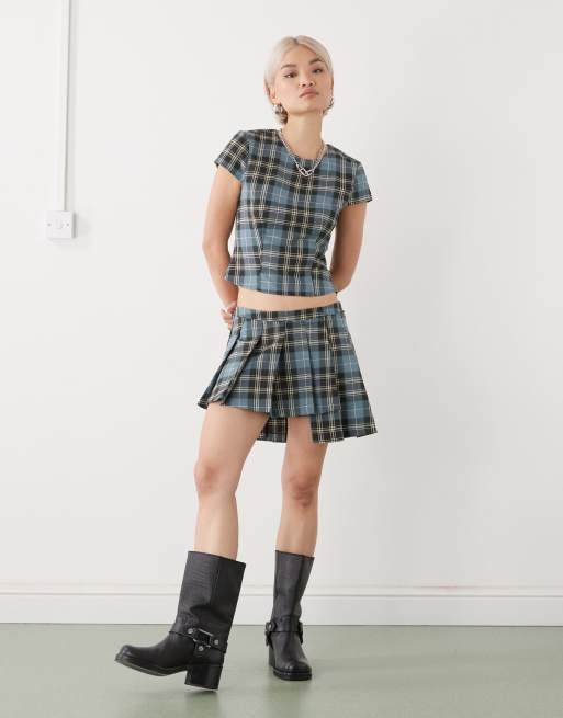 Monki tailored blouse in turqouise check print