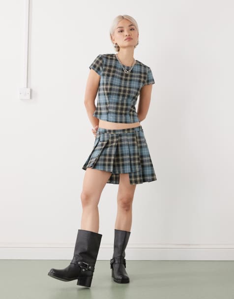 Monki tailored blouse in turquoise check print - view 1