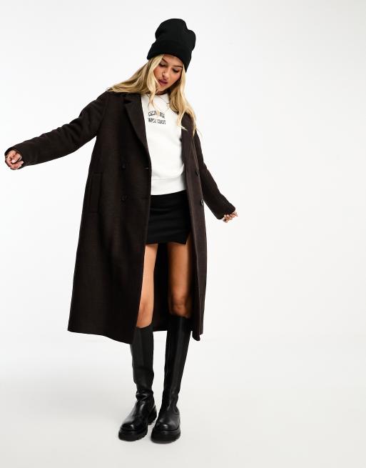 Monki tailored double breasted longline coat in brown