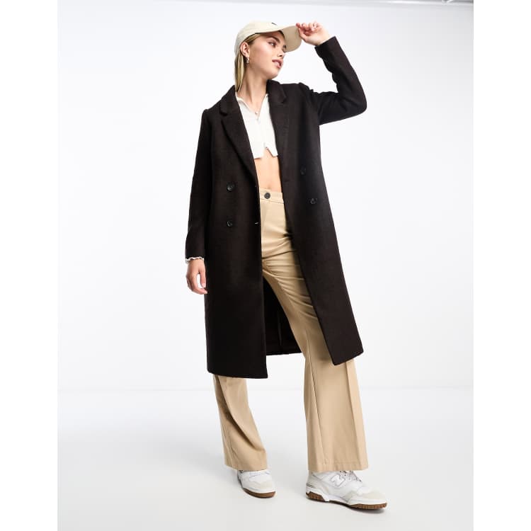 Monki tailored double breasted wool blend coat in brown