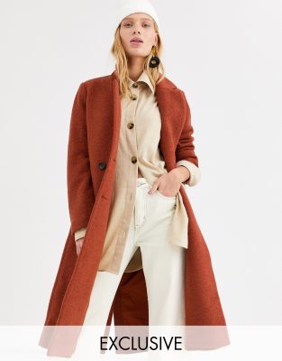 Monki tailored midi coat in rust-Brown