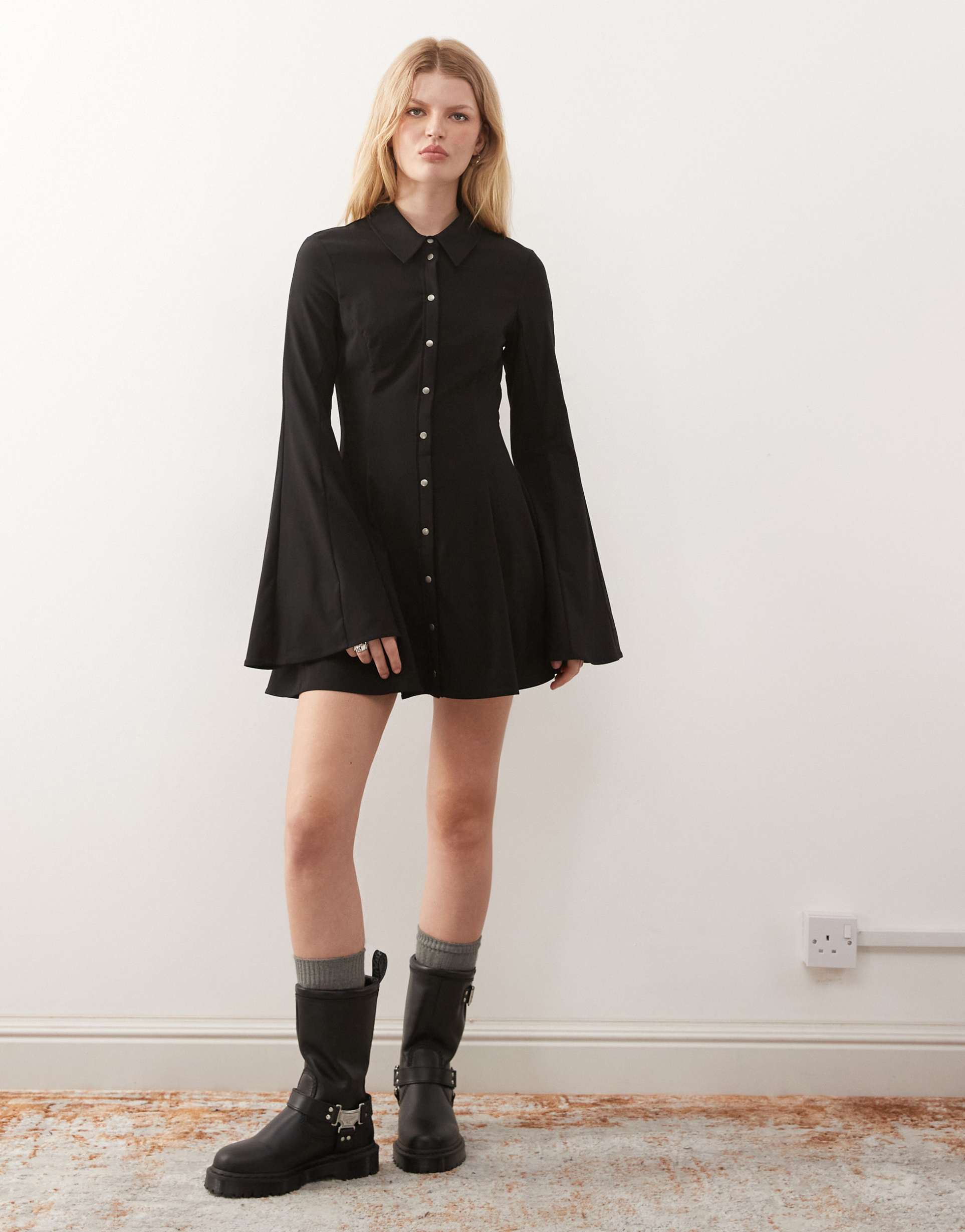 monki tailored mini shirt dress in black