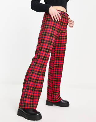 Monki Tailored Pants In Red Tartan Plaid